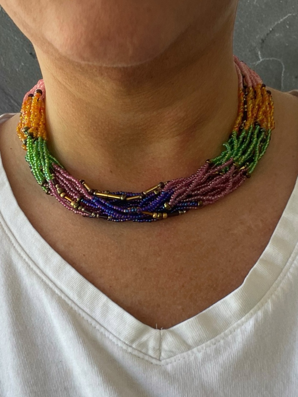 Multi colored Seed Bead 17 Strands Crystal Button Clasp Statement Necklace